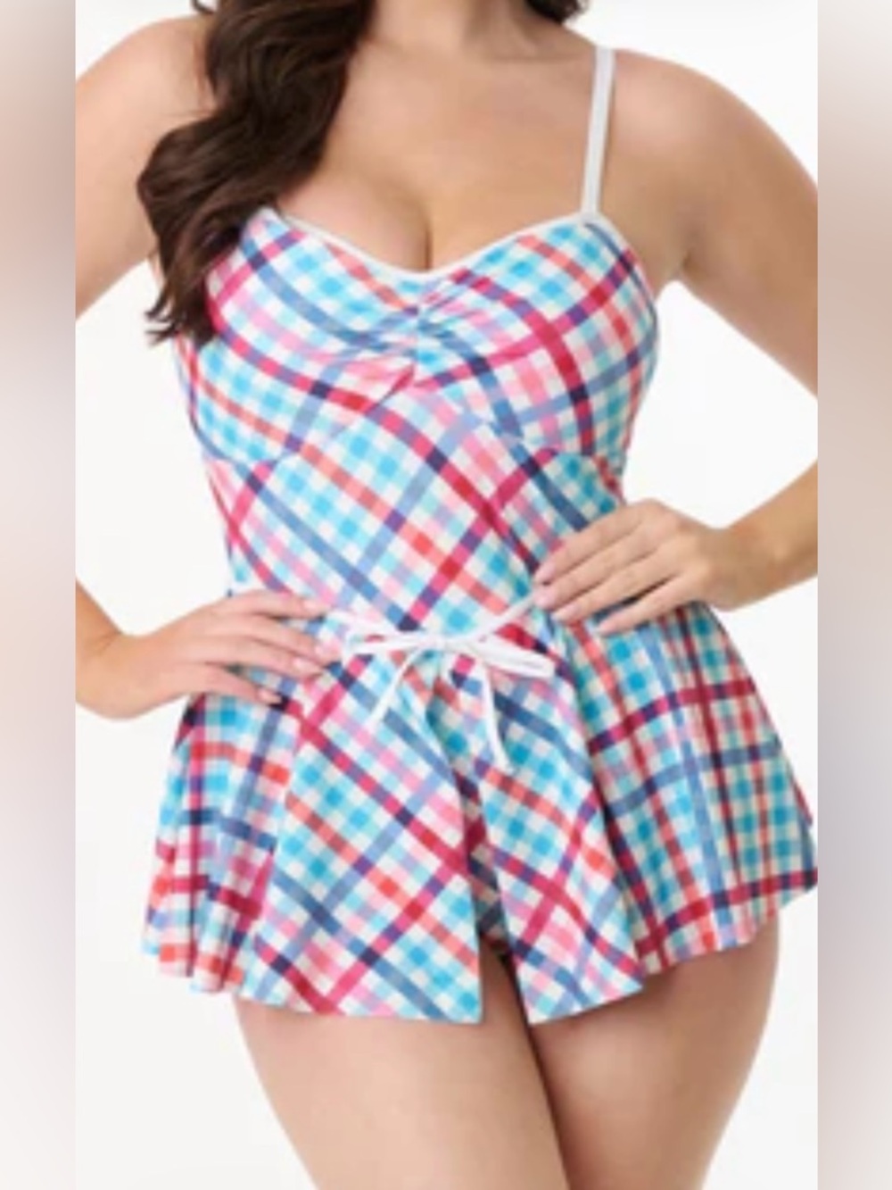Unique Vintage Blue Pink Red Plaid One-Piece Swimdress